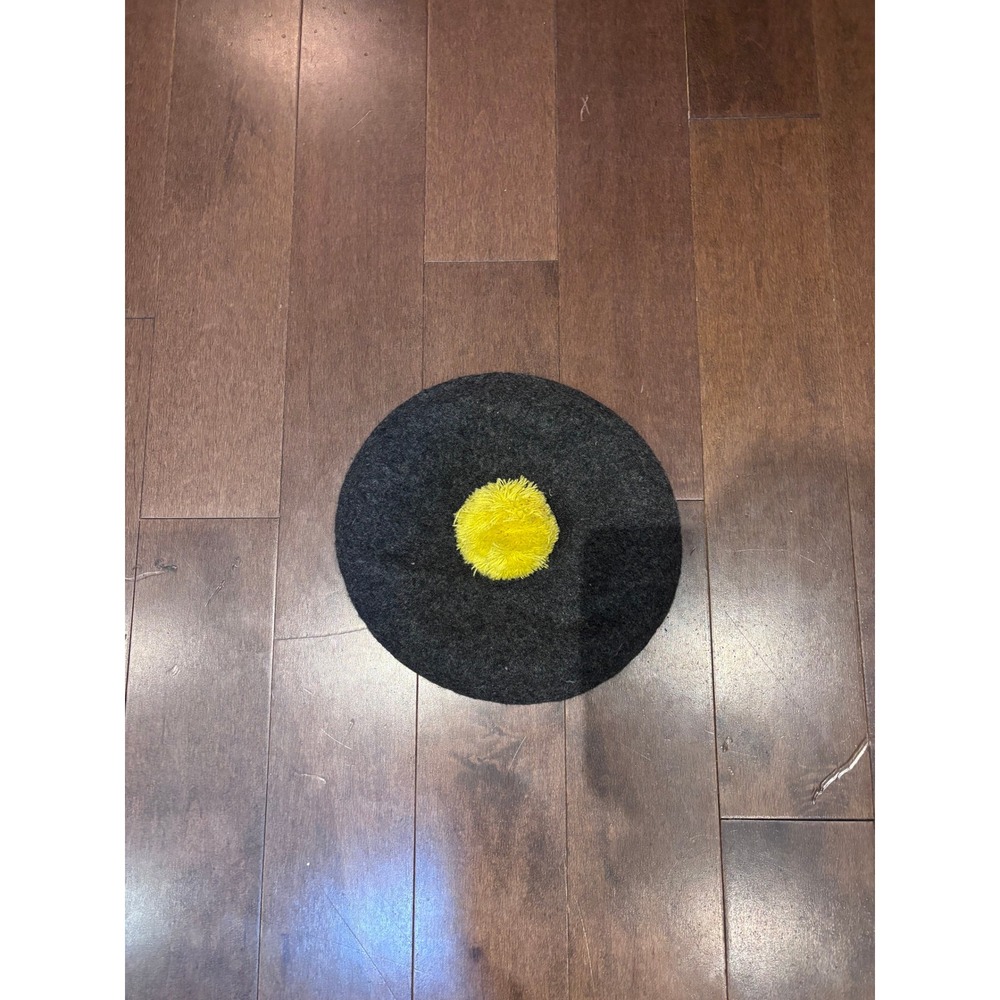 Charcoal Gray Wool Blend Beret Hat with Yellow Pom Pom Accent